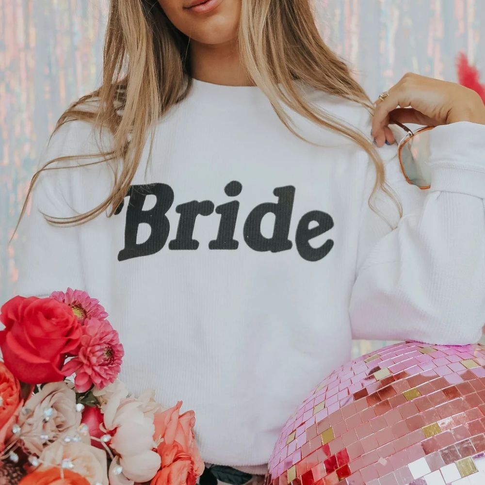 FRIDAY + SATURDAY: BRIDE CORDED SWEATSHIRT WOMEN’S LARGE WHITE TOP BACHELORETTE